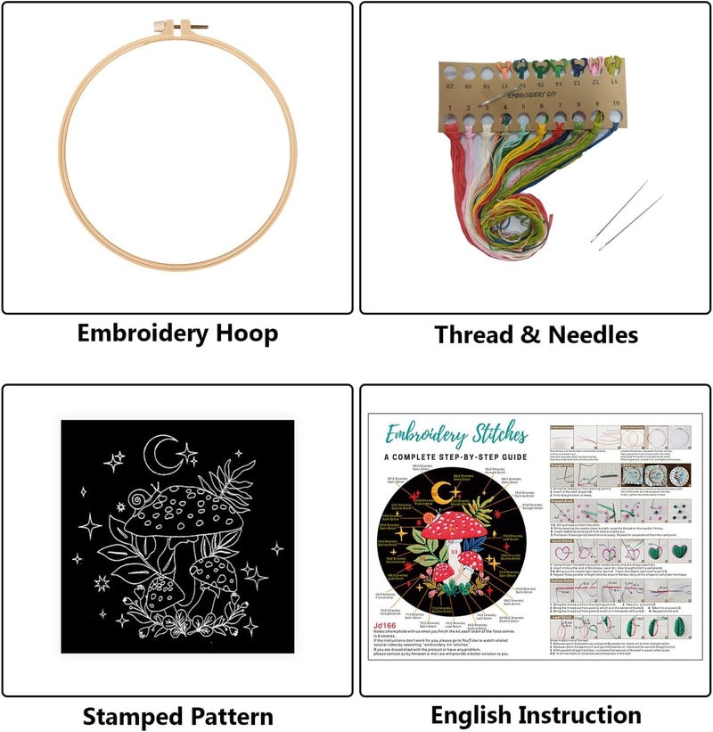Nuberlic Mushroom Embroidery Kits for Beginner Adults Cross Stitch Kit with Stamped Pattern Include Cloth Hoops Threads Needles - Image 2